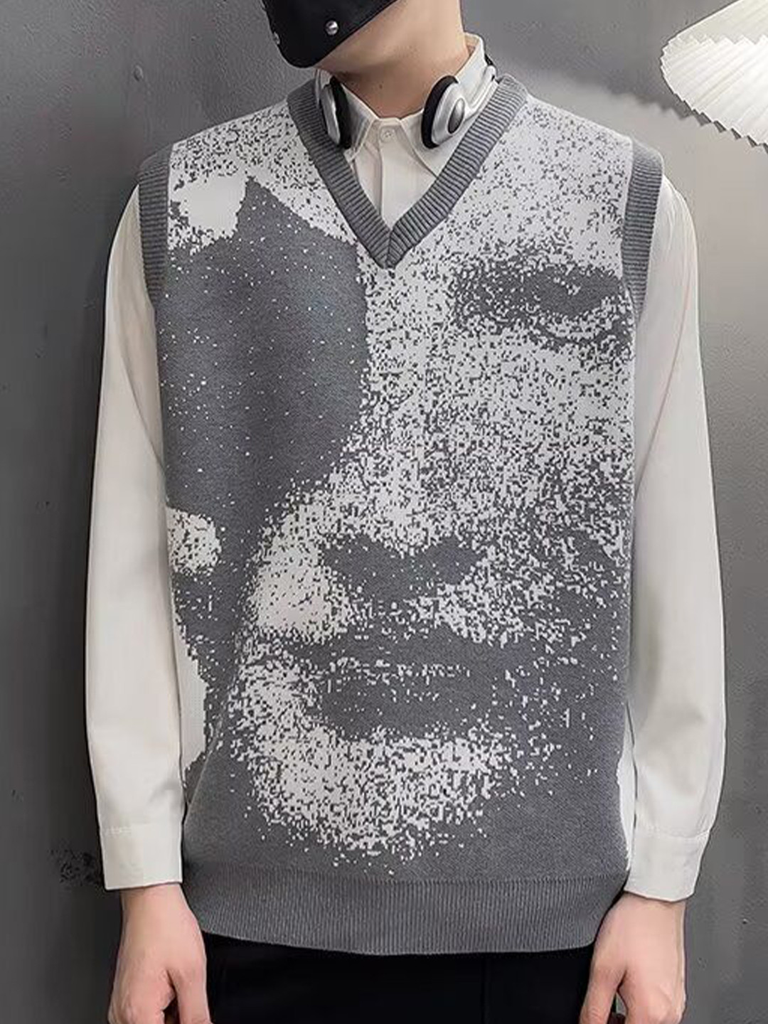 StyleCast x Revolte Printed V-Neck Longline Sweater Vest With Applique Detail