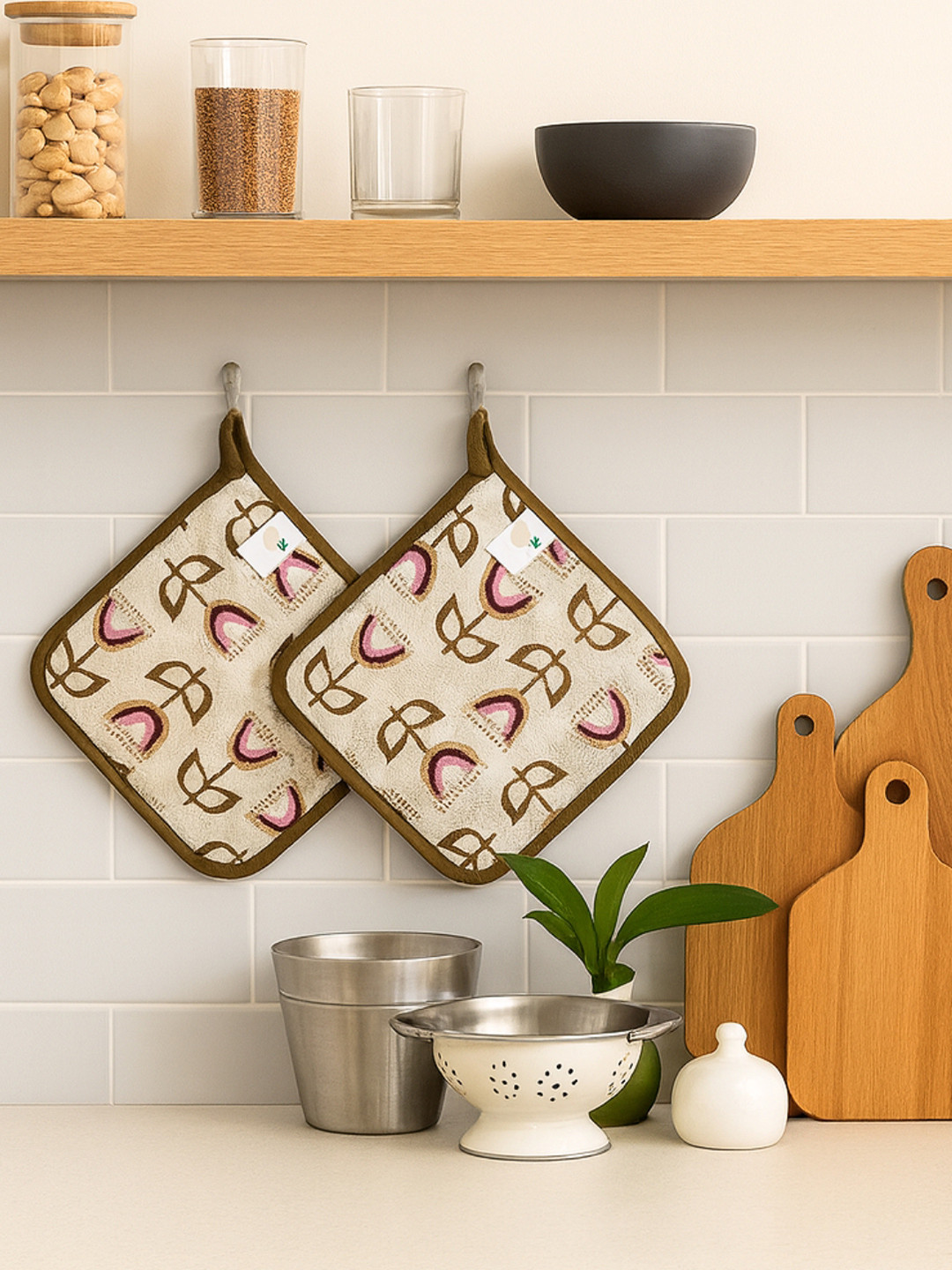 Attica Tracery 2Pcs Beige & Brown Printed Pure Cotton Kitchen Towels