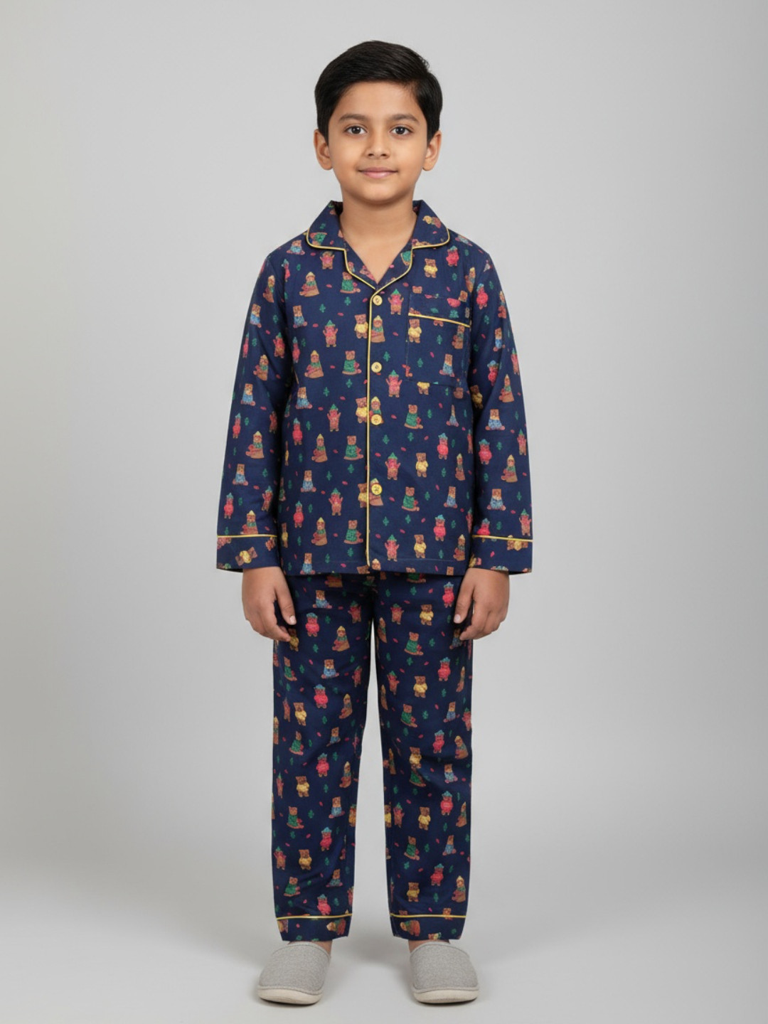 Biglilpeople Boys Cartoon Printed Lapel Collar Shirt & Pyjamas Night Suit