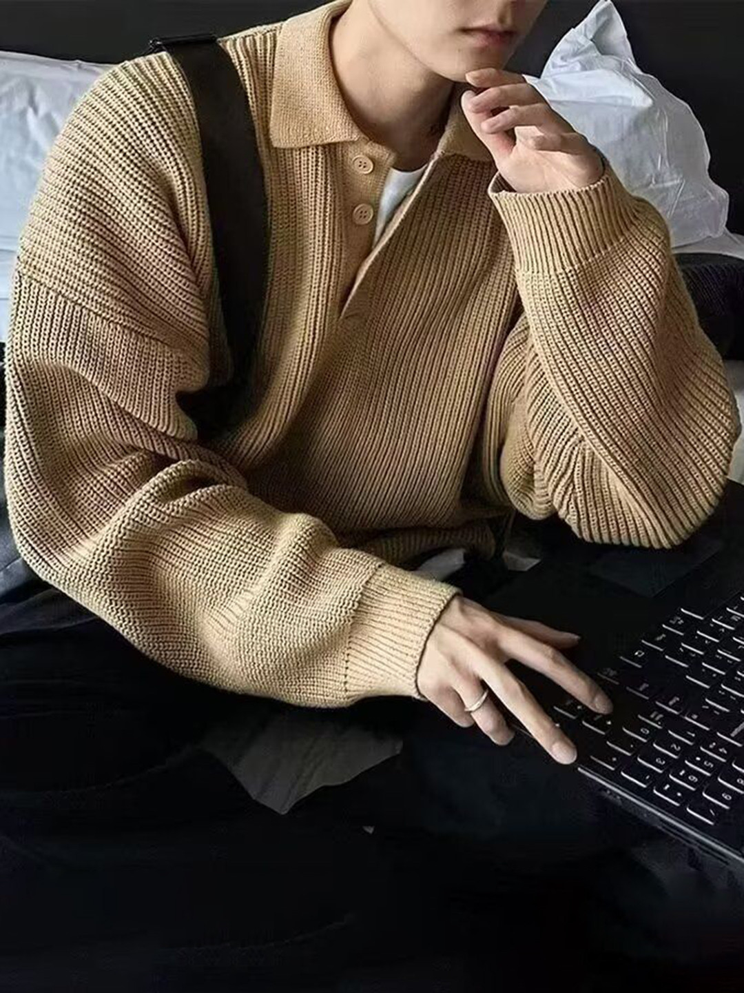 StyleCast x Revolte Cable Knit Lapel Collar Lond Sleeves Pullover