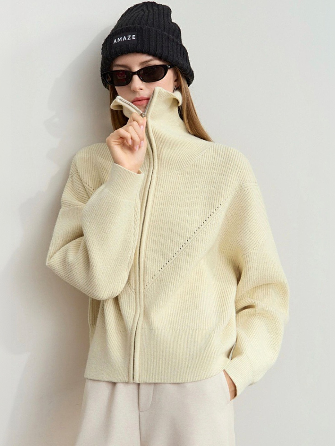 LULU & SKY Women Beige Knitted and Woven Jacket