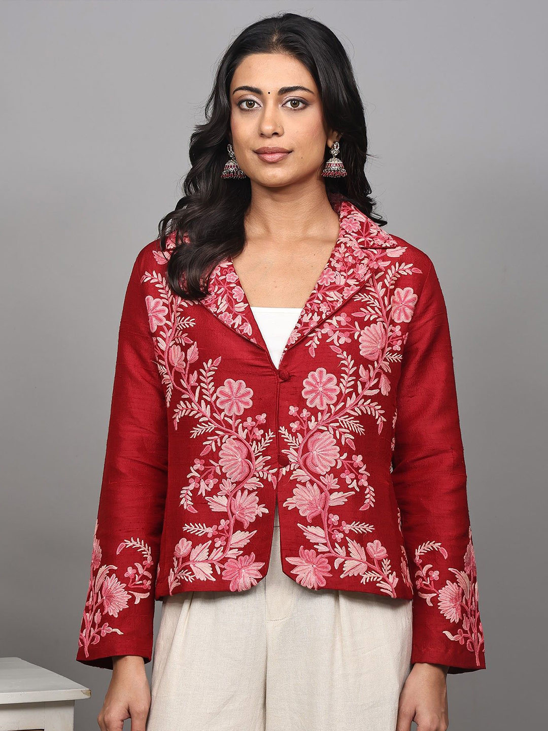 Exotic India Women Floral Double Collar Crop Silk Tailored Jacket with Embroidered