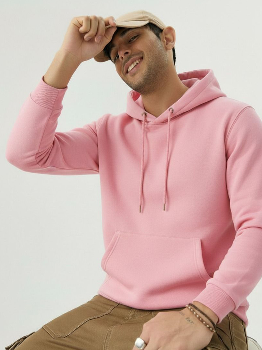 Try This Mens Pink Hooded Long Sleeves Sweatshirt