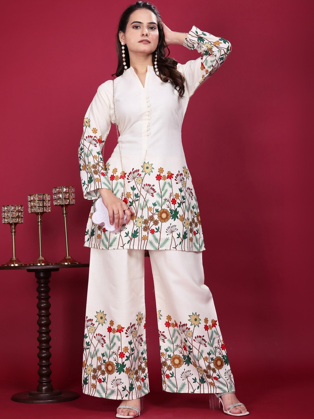 P.F. INDUSTRIES Women Floral Embroidered Regular Thread Work Pure Cotton Kurta with Palazzos