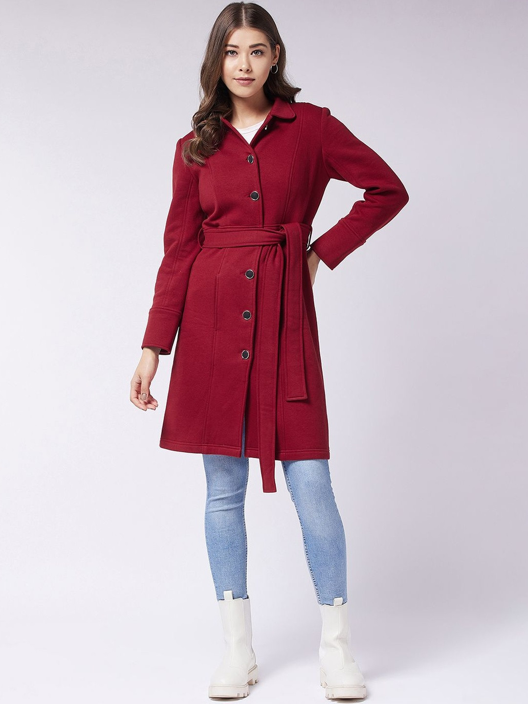 Miss Chase Women's Collared Full Sleeve Solid Tie-up Longline Jacket