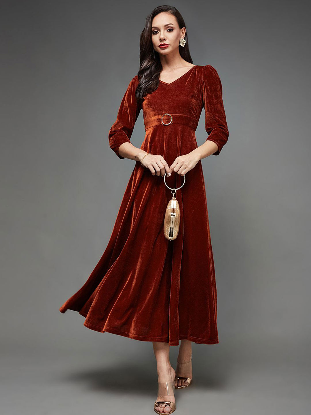 Miss Chase Women's V-Neck Three-Quarter Sleeve Solid Fit & Flare Midi Velvet Dress