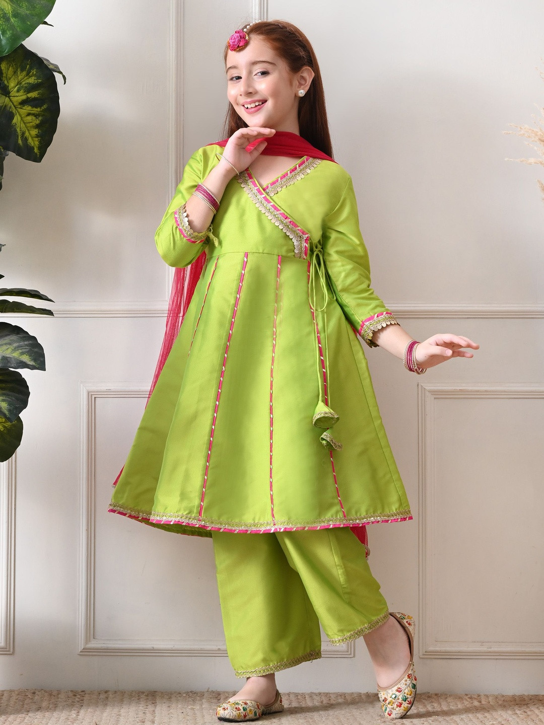 Indi-Loom Couture Girls Angrakha Gotta Patti Kurta with Trousers & With Dupatta