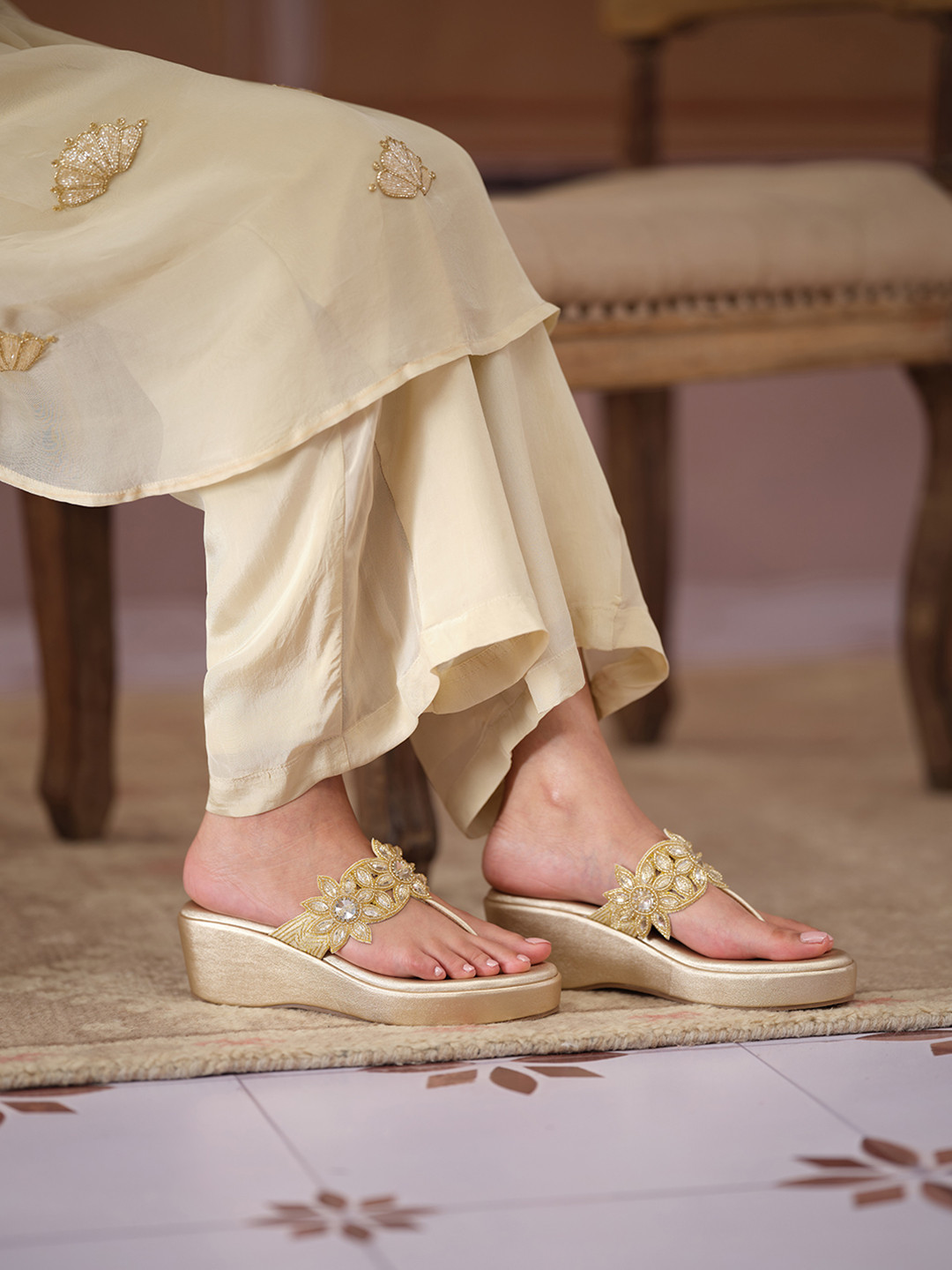 ERIDANI Women Ahvi Embellished Wedge Heels Sandals With Ethnic - Embellished