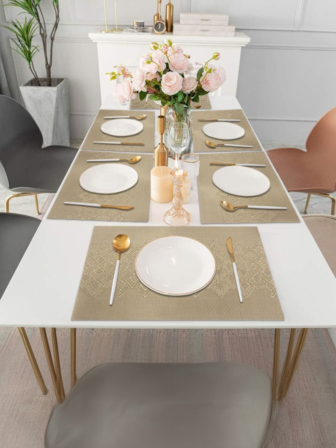 LUXEHOME INTERNATIONAL Brown 6 Pieces Wave Textured Anti-Skid Table Placemats