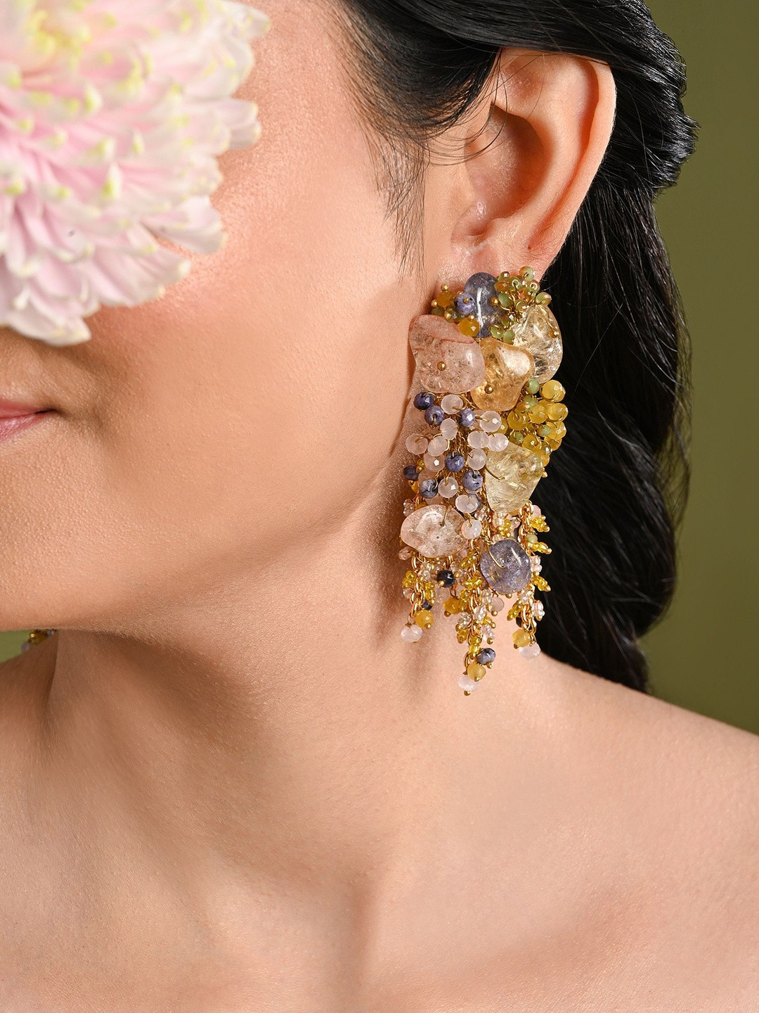 D'oro Gold-Plated Precious Stone Agate Studded Contemporary Long Chain Drop Earrings