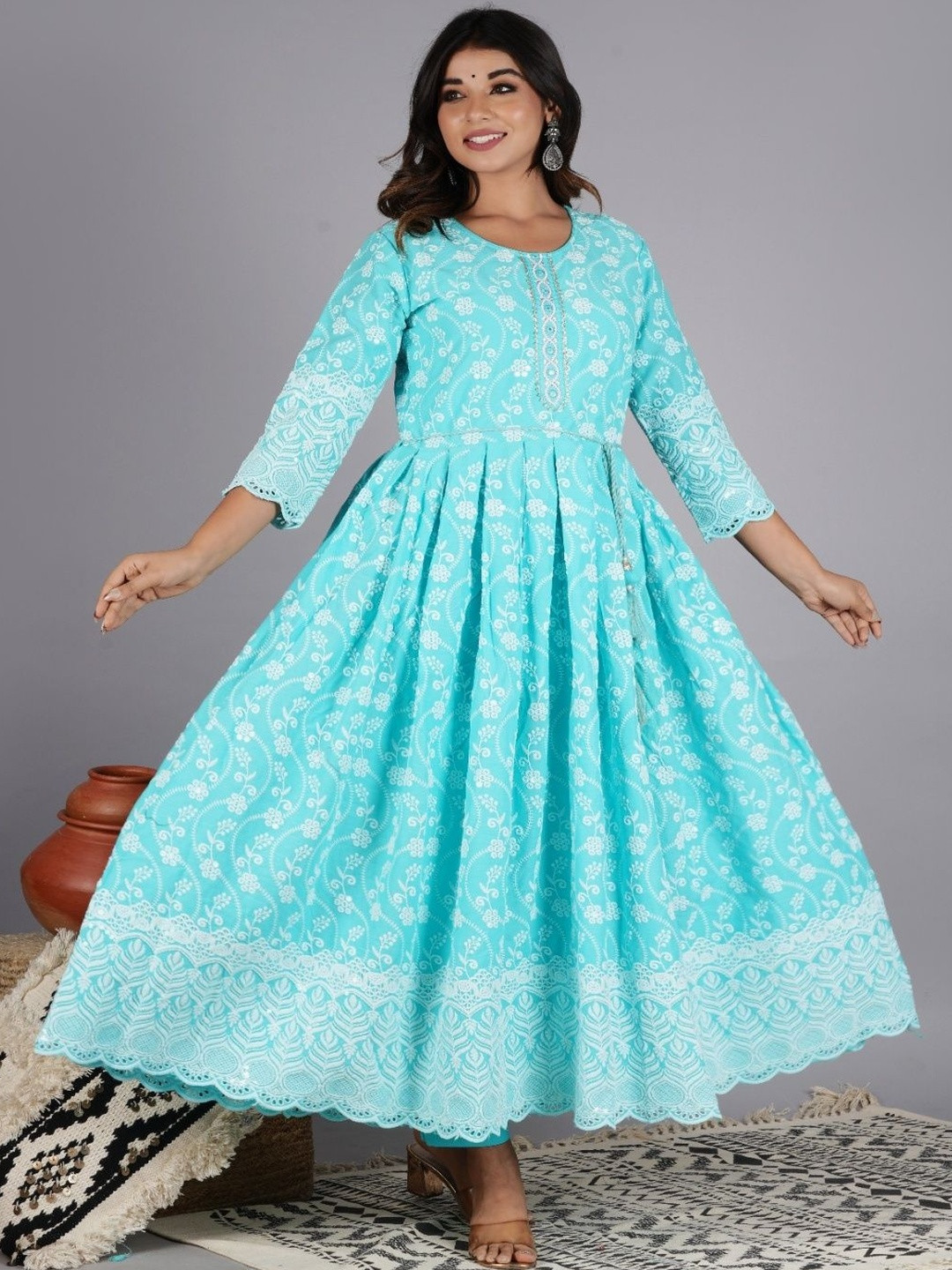Set to Shine Shop Womens Floral Printed Mirror Work Pure Cotton Kurta Set