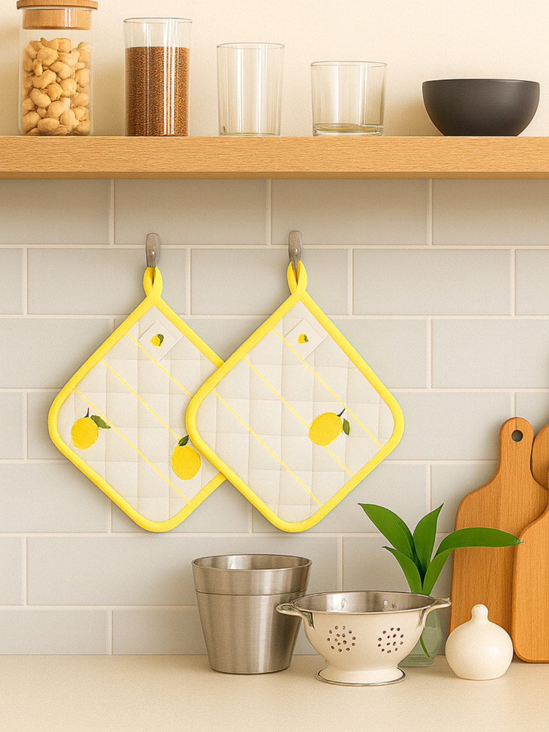 Attica Tracery 2Pcs Yellow & White Printed Pure Cotton Kitchen Towels