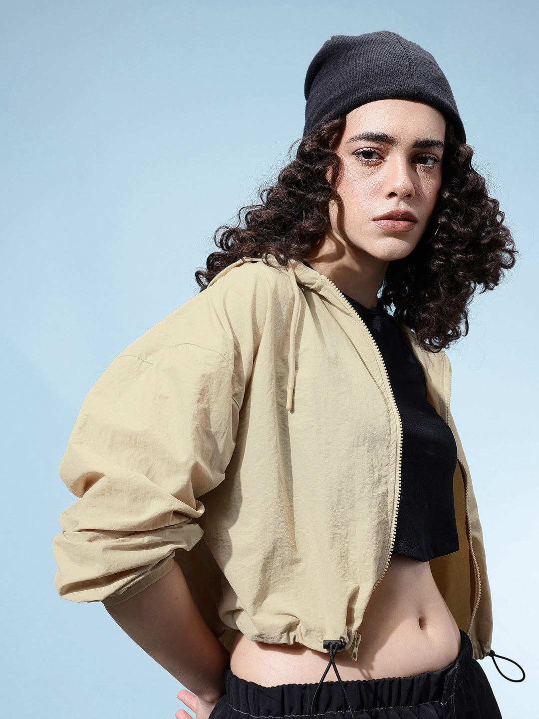 glitchez Drop-Shoulder Sleeves Hooded Crop Bomber Jacket with Toggle Hem