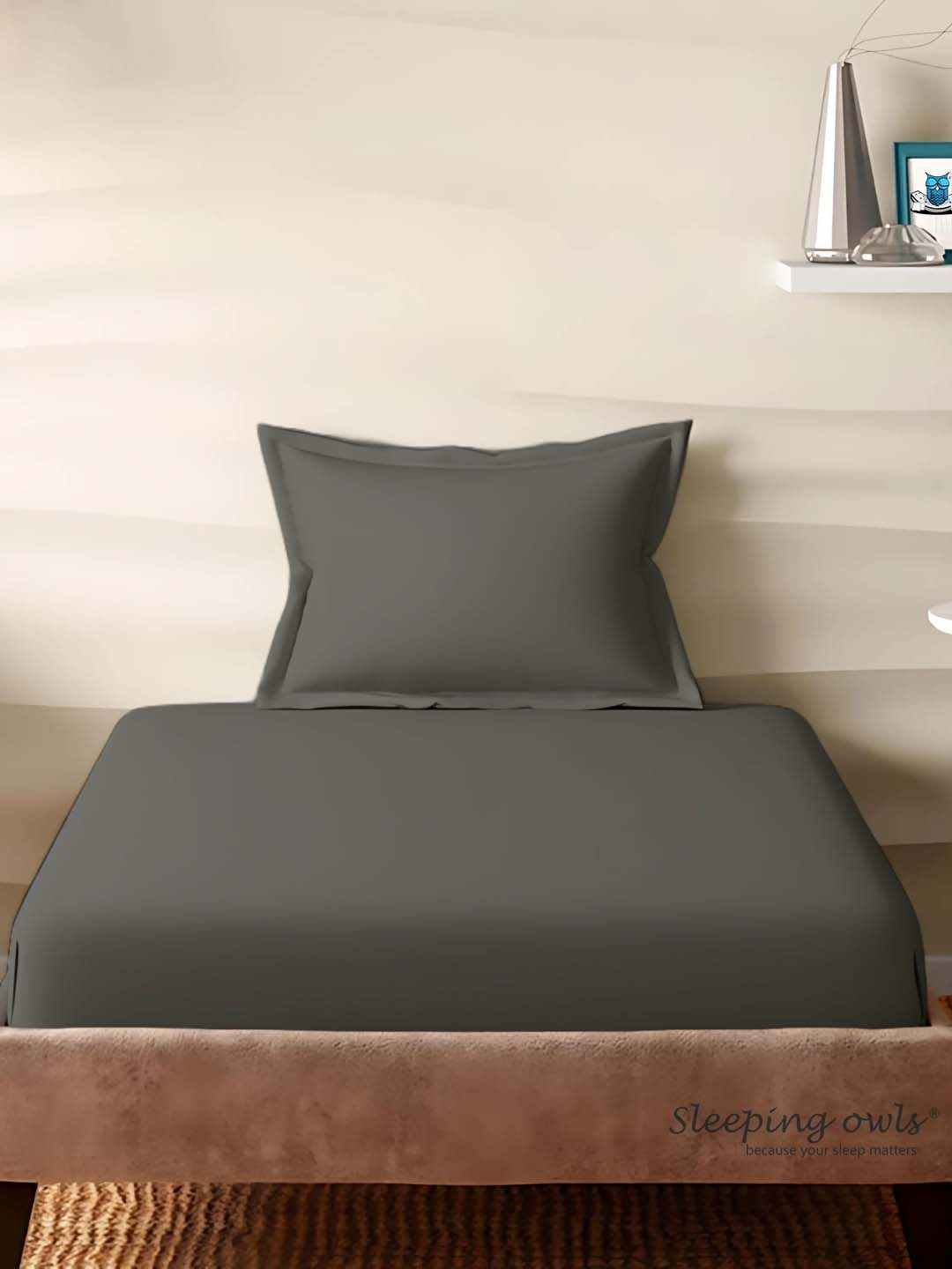 Sleeping Owls Grey Cotton 210 TC Single Bedsheet with 1 Pillow Cover- 60 Inch X 90 Inch