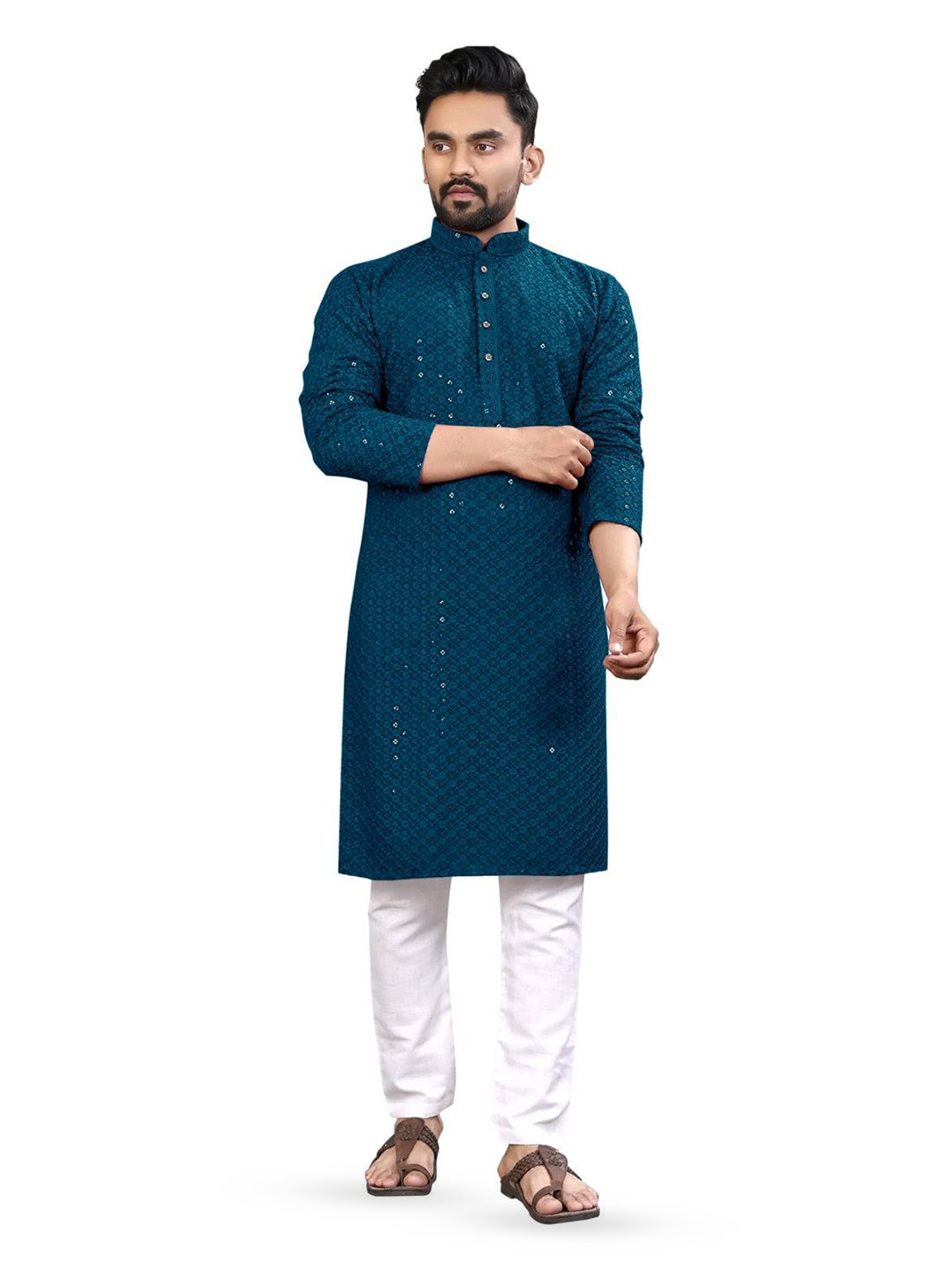 TUSUCREATION Men Sequinned Jacquard Kurta