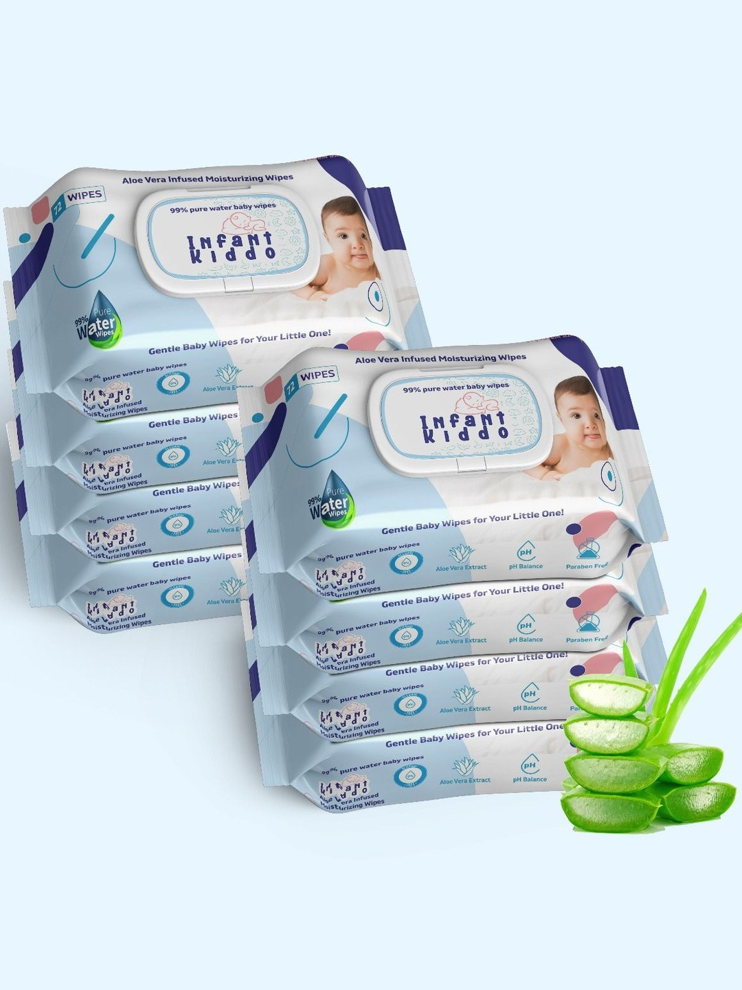 Infant Kiddo Set Of 8 Moisturising Baby Wipes - 72 Wipes Each