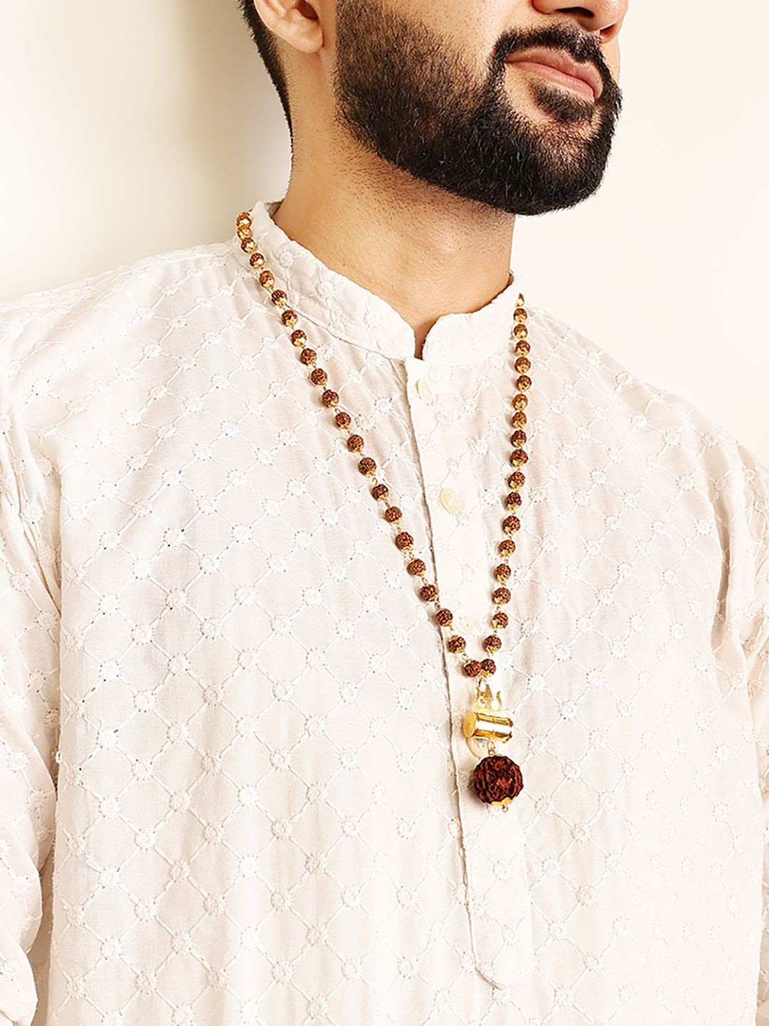 DIVINE HINDU Gold-Plated Shiva Damroo Trishool Rudraksha Beaded Necklace