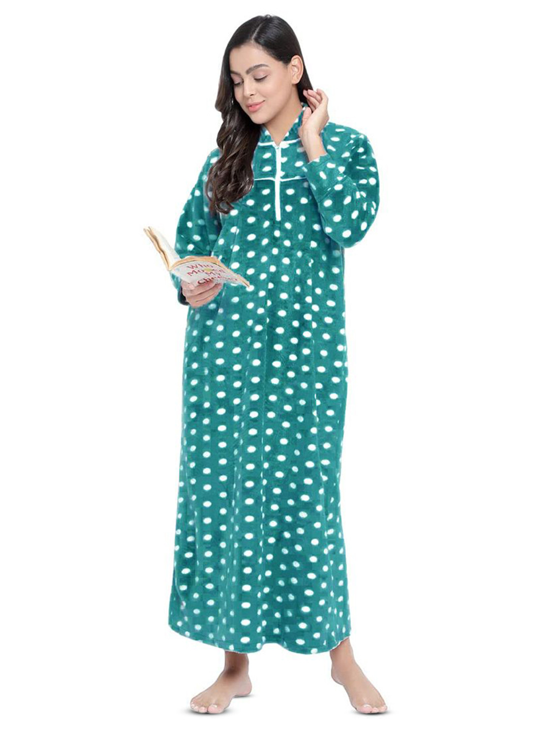 Gutthi Polka Dot Printed Long Sleeves Maxi Nightdress