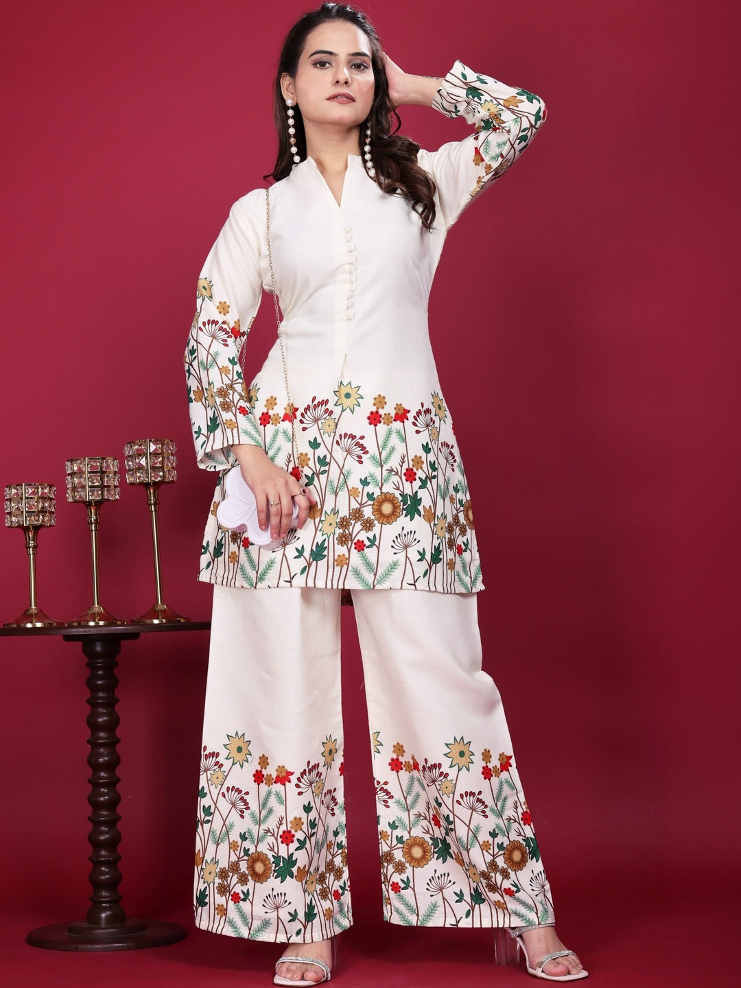 Saturn Creation Women Floral Embroidered Regular Thread Work Pure Cotton Kurta with Palazzos