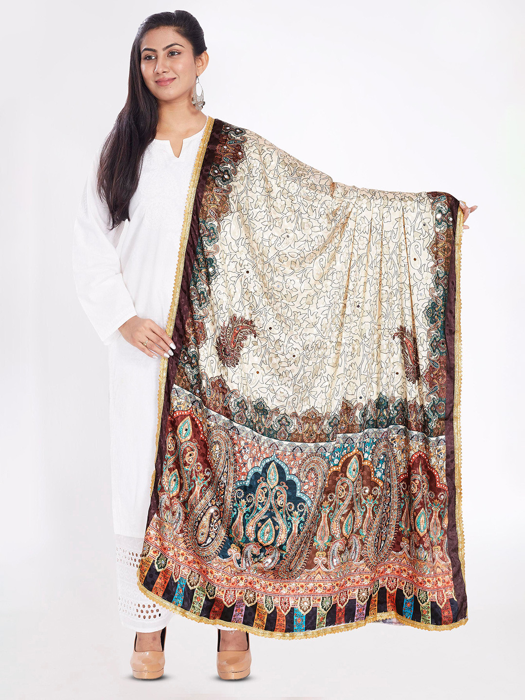 Rani Saahiba Paisley Block Printed Mirror Work Taping Border Dupatta