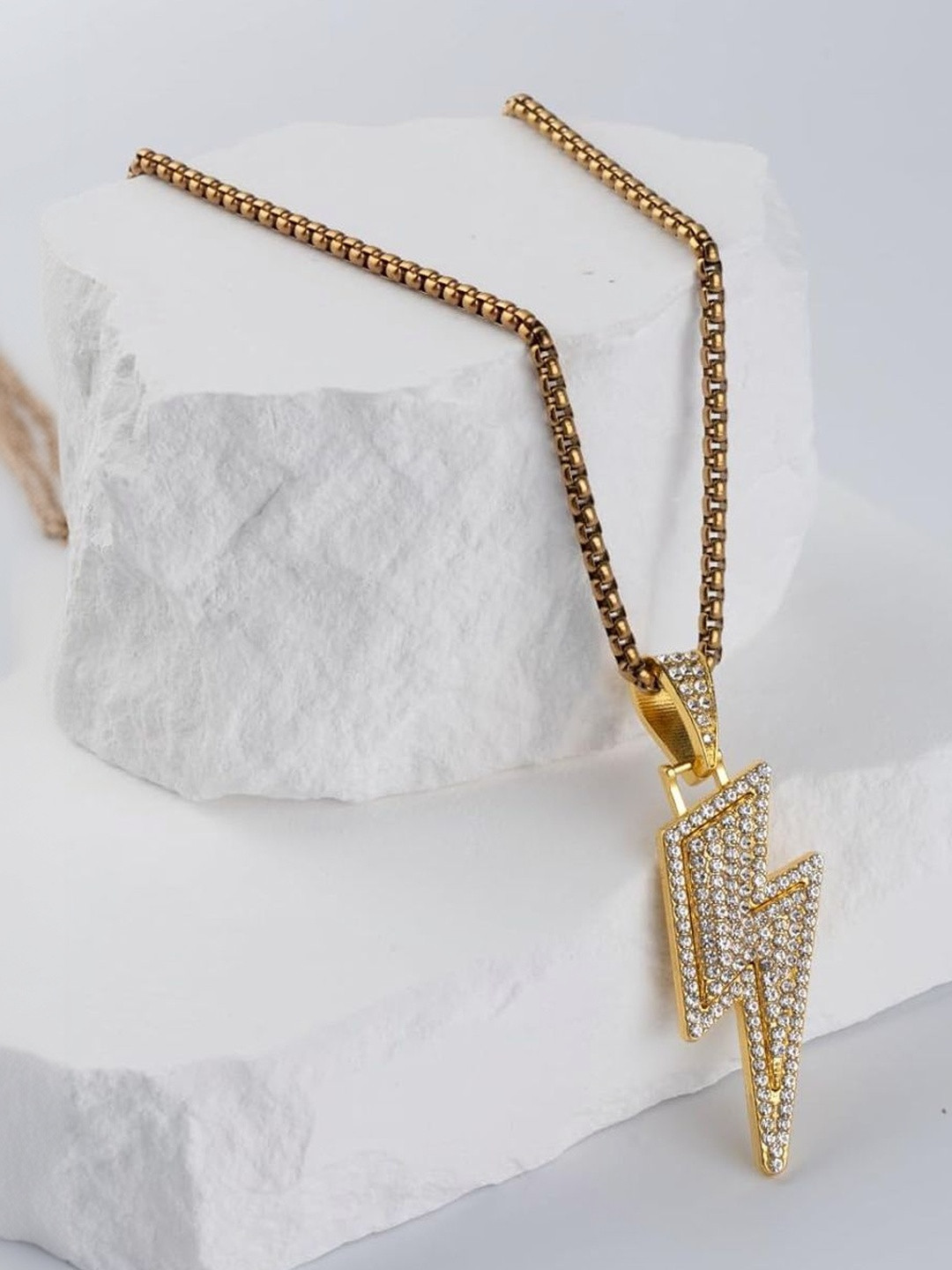 FIMBUL Gold-Plated Cubic Zirconia-Studded Lightning Bolt Pendant With Chain