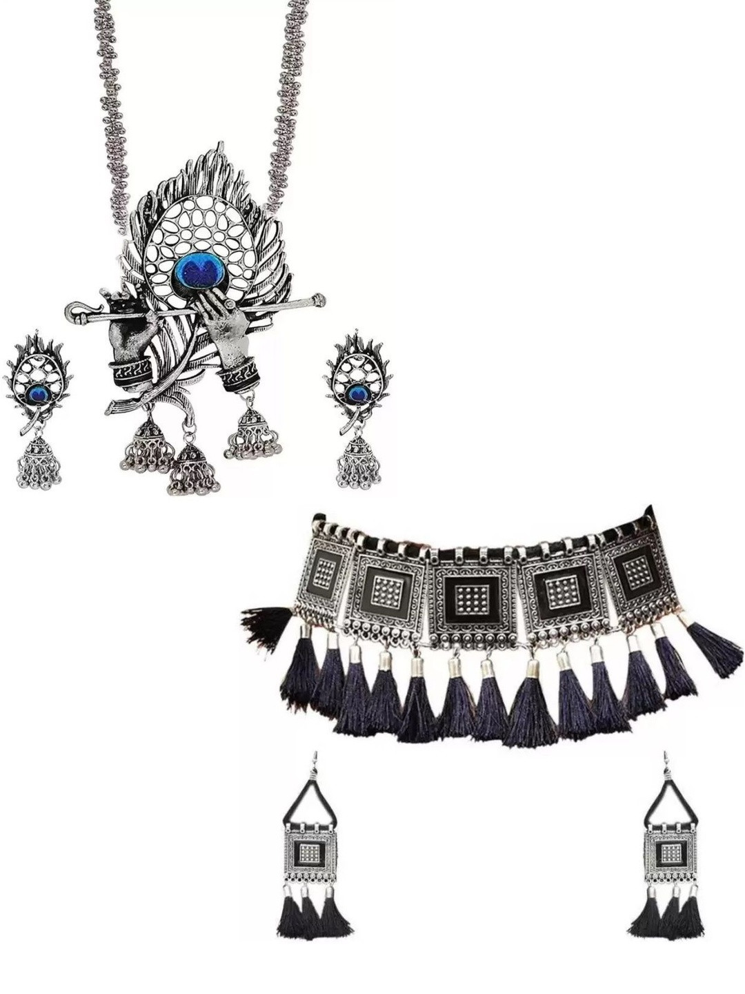 Nermosa Set of 2 Silver-Plated Oxidised & Beaded Jewellery Set