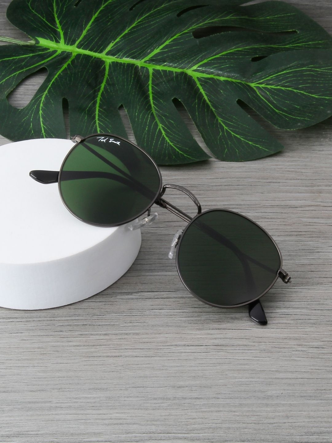 Ted Smith Unisex Round Gun-Green UV Protected Sunglasses With Glass Lenses