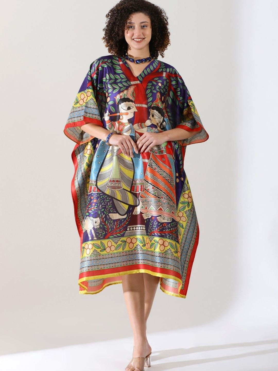 PIAAH Vibrant Ethnic Printed Multi-Color Tunic with Folk Art Motifs Kaftan Dress