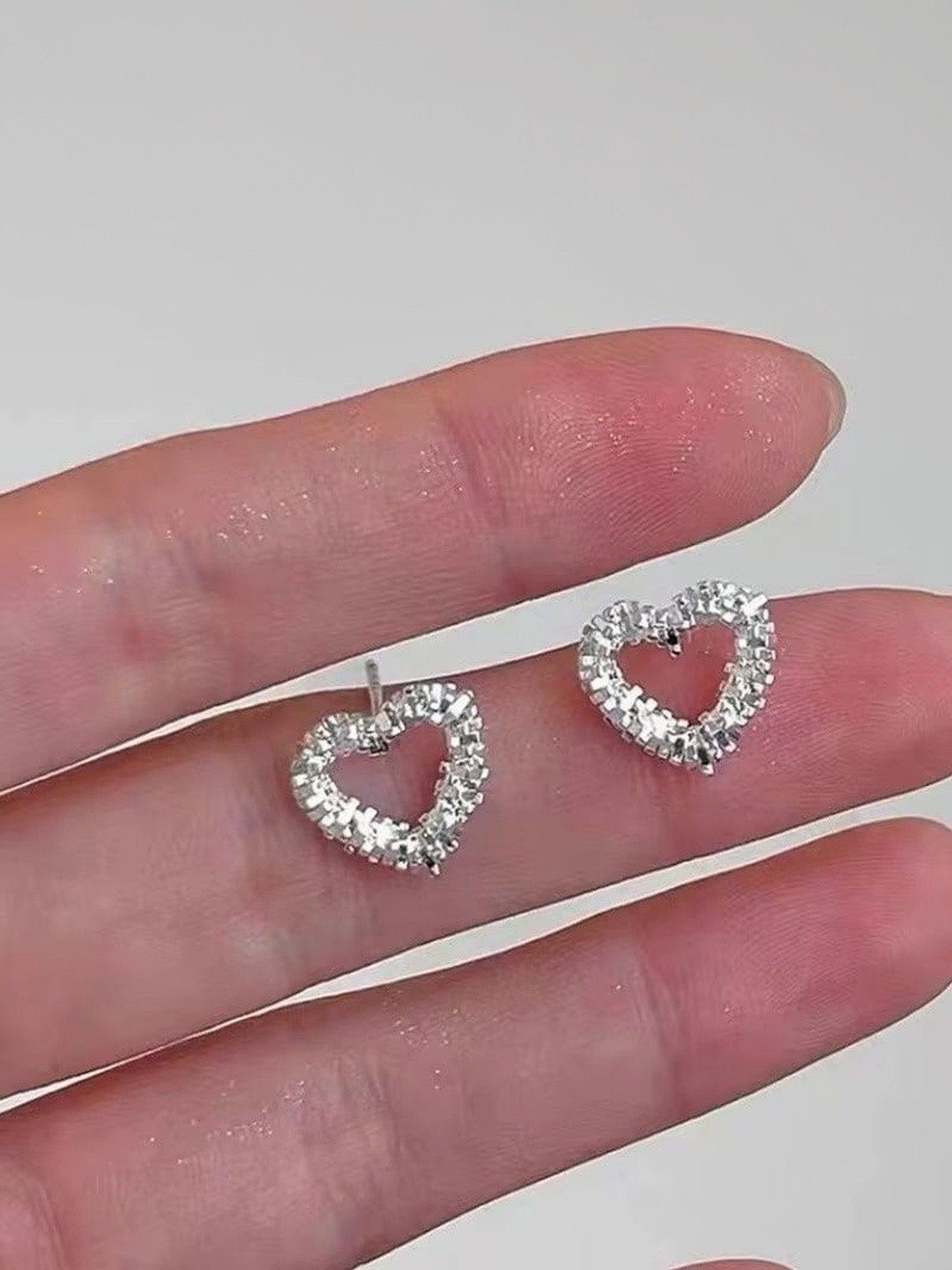 Tiso Korean Silver-Plated Rhinestones Studded Heart Shaped Studs