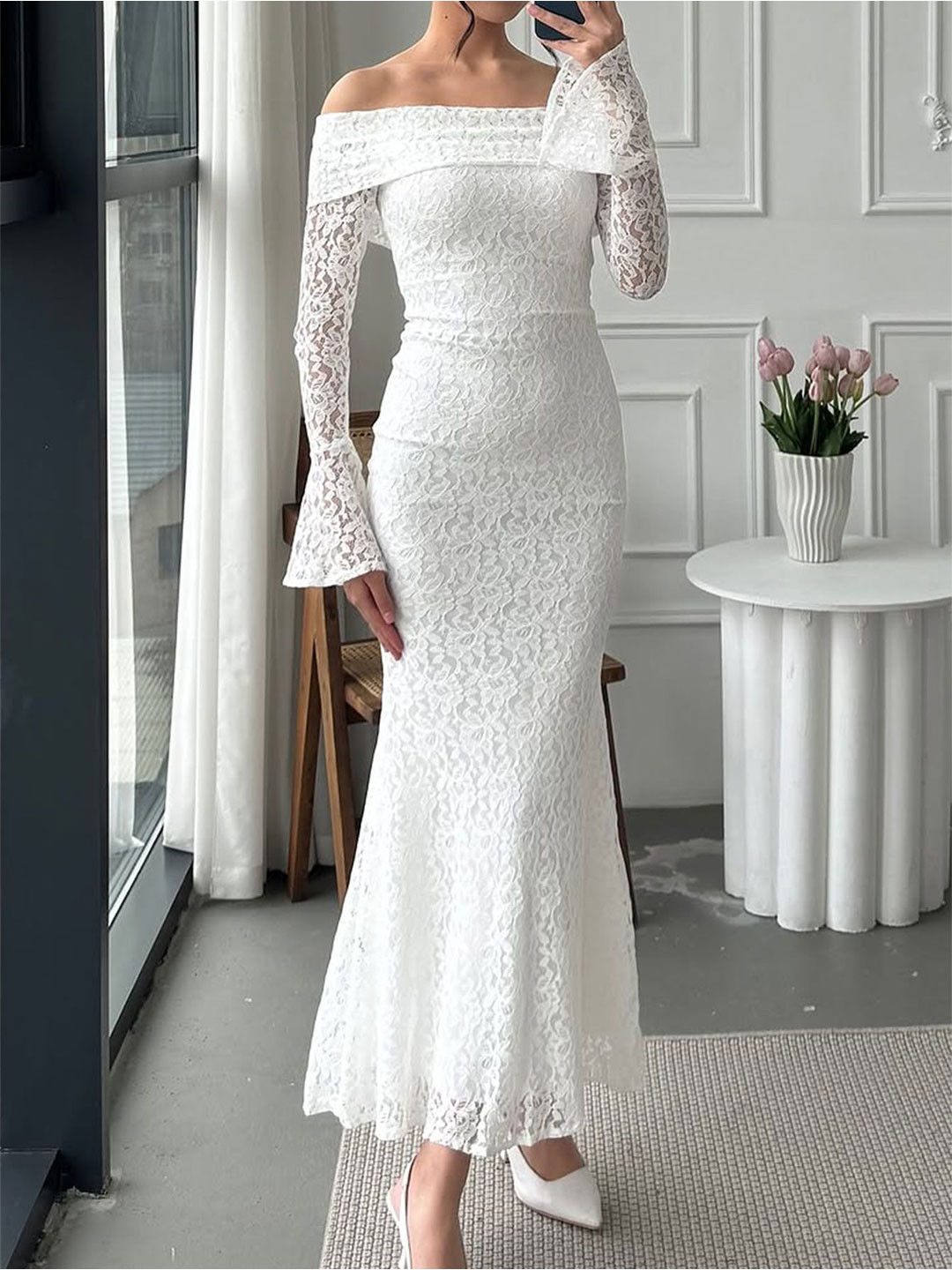 bebe Self Design Off-Shoulder Lace Inserts Fit And Flare Maxi Dress