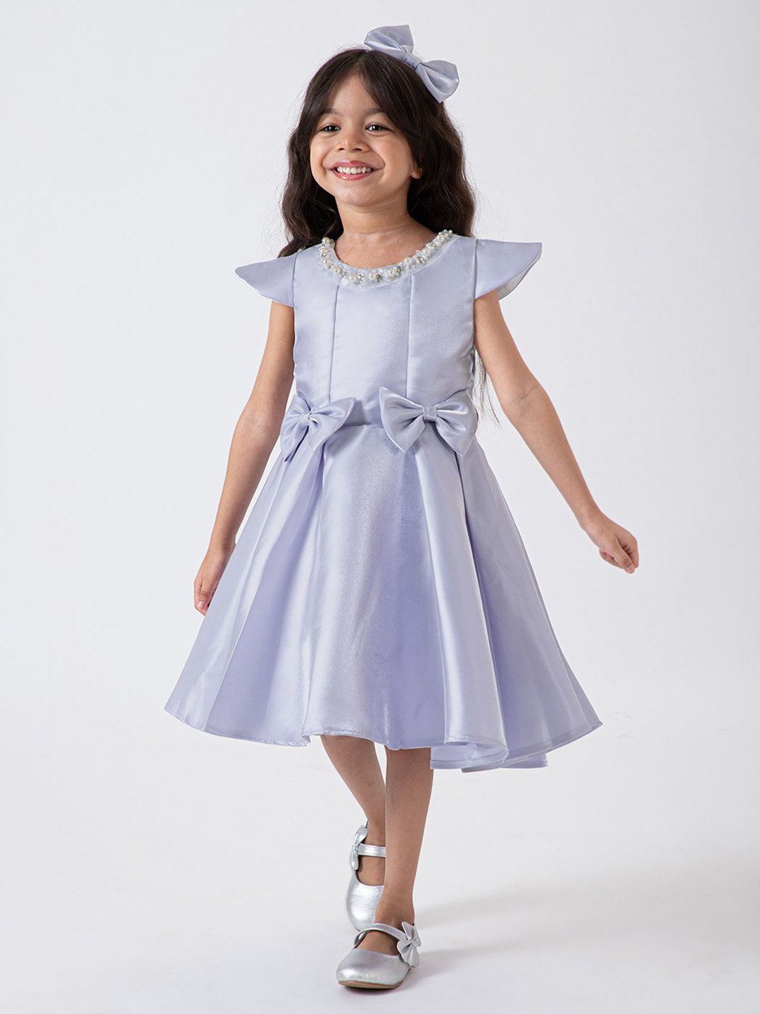 Hopscotch Embellished Print Fit & Flare Bow Applique Pearl Dress