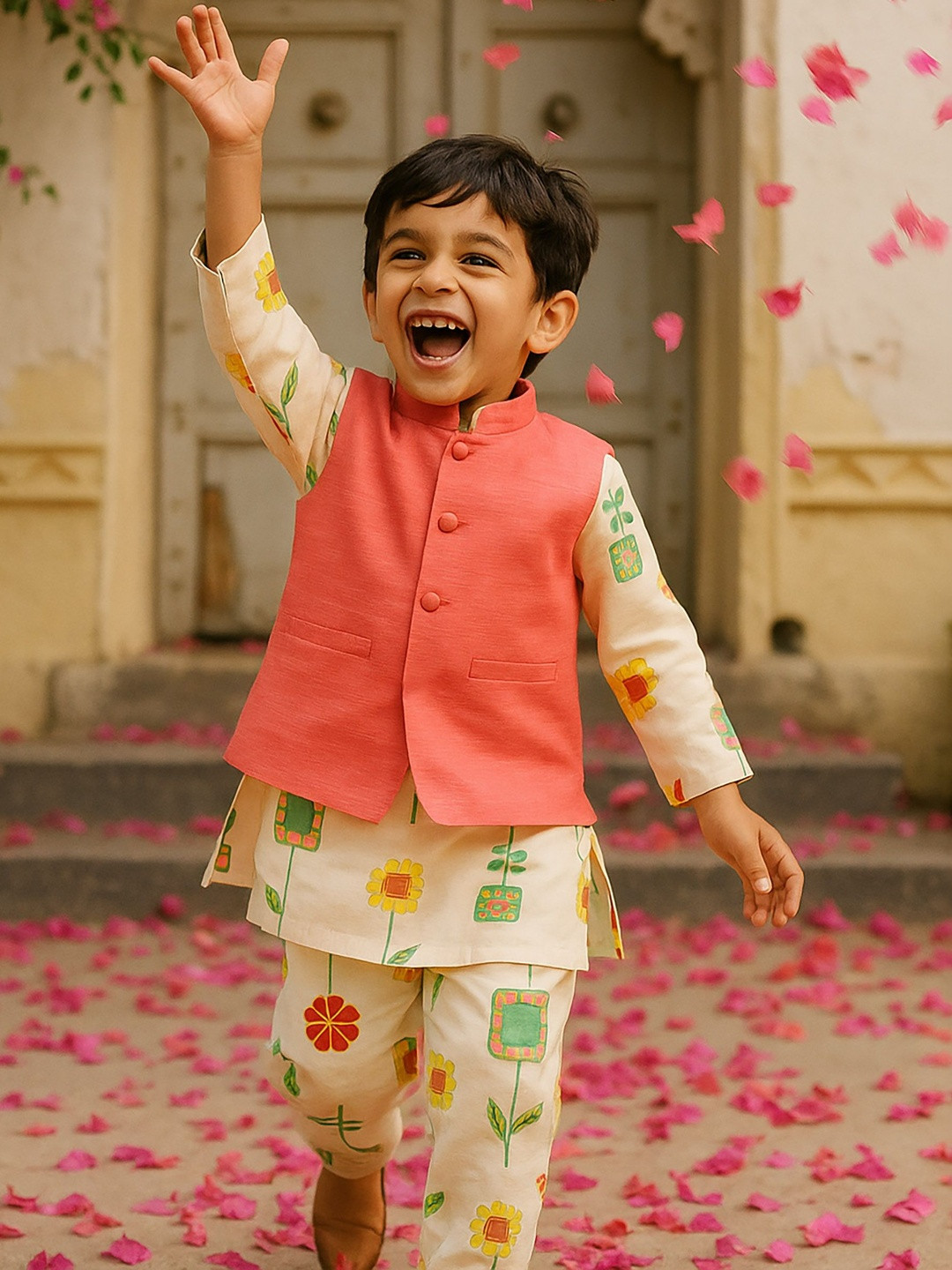 Somersault Kids Floral Printed Mandarin Collar Pure Cotton Kurta Set And Nehru Jacket