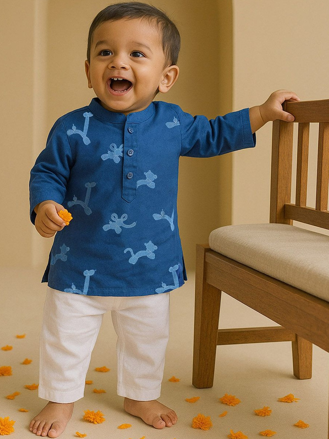 Somersault Kids Animal Printed Mandarin Collar Pure Cotton Kurta With Pyjamas