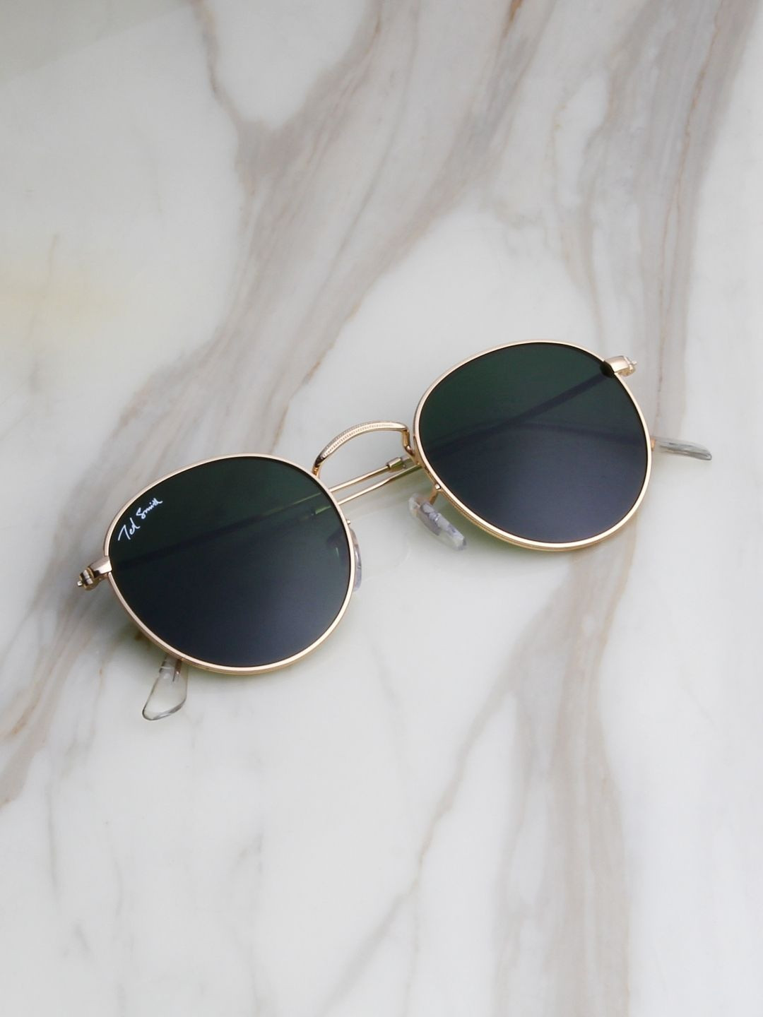 Ted Smith Unisex Round Gold-Green UV Protected Sunglasses With Glass Lenses