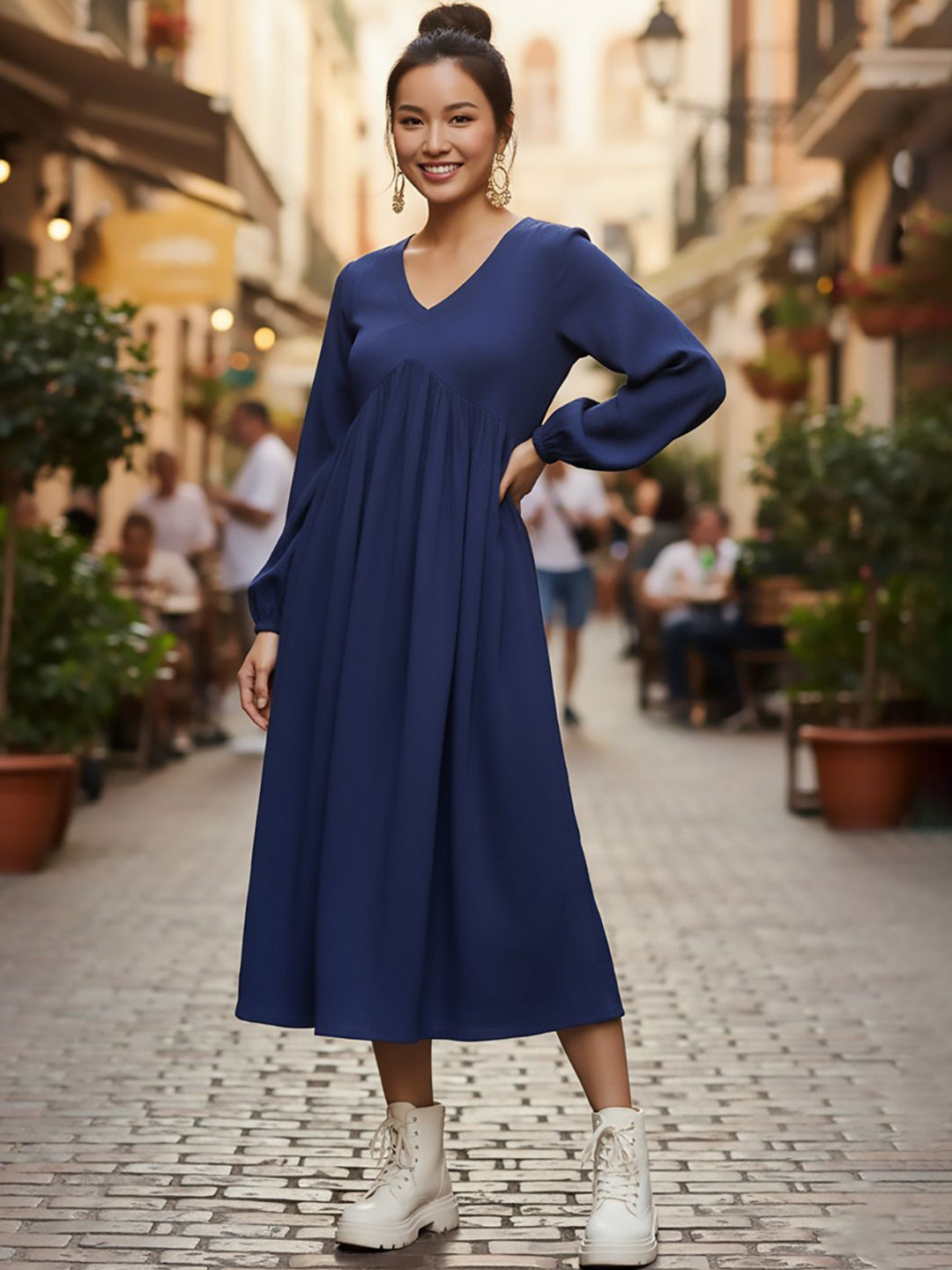 AADVIKA Navy Blue Puff Sleeve Crepe Maxi Dress