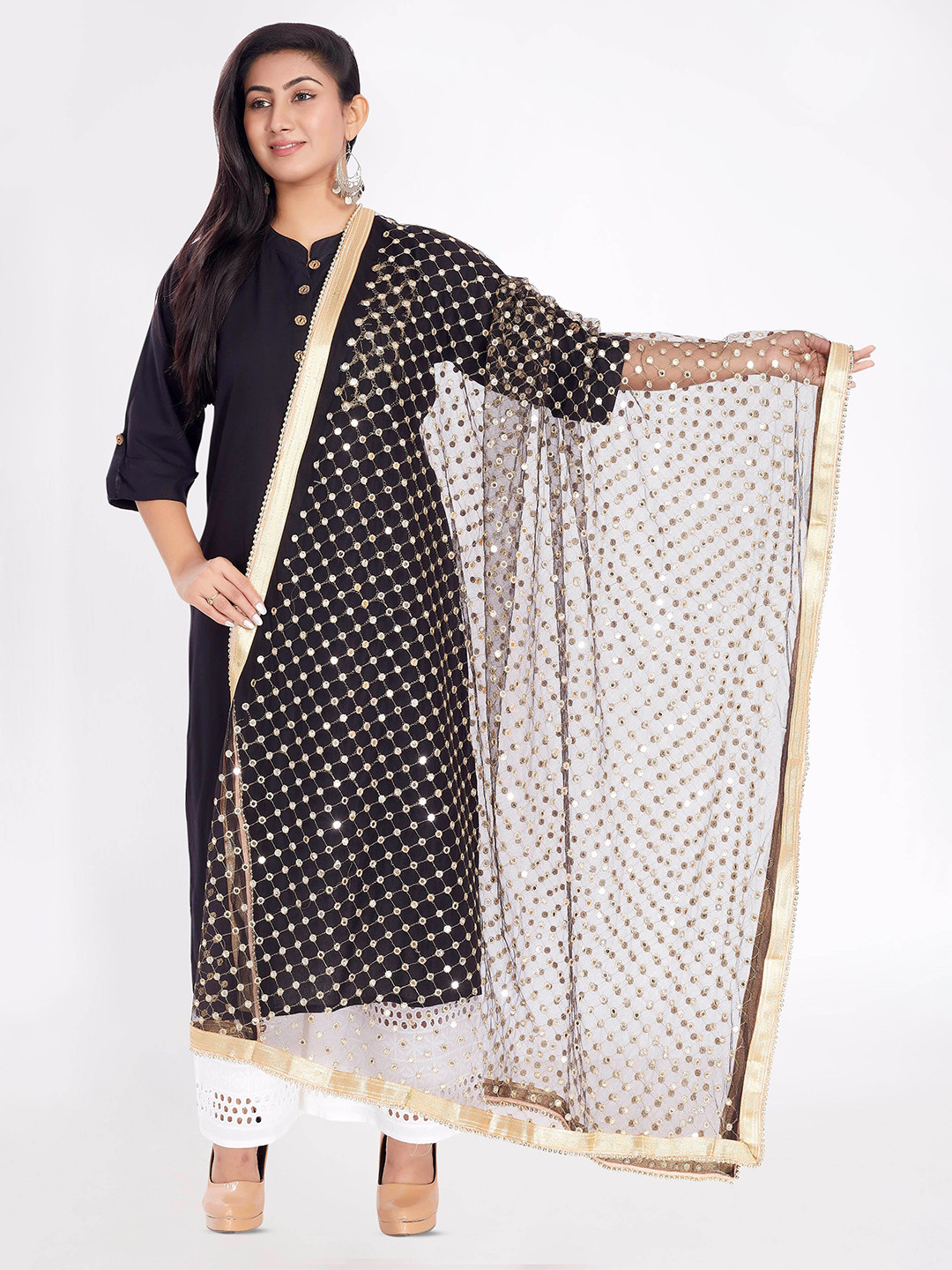 Rani Saahiba Geometric Embroidered Mirror Work Net Dupatta