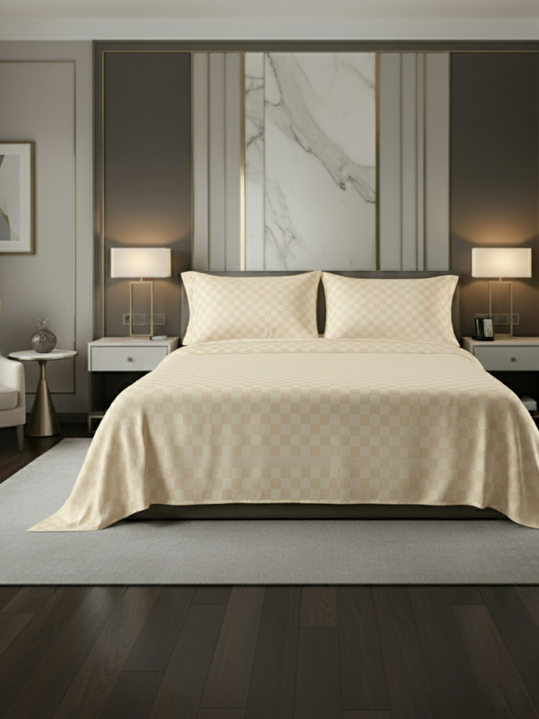 Homio Cream Checked Cotton 400 TC King Bedsheet Set 2.7m x 2.7m