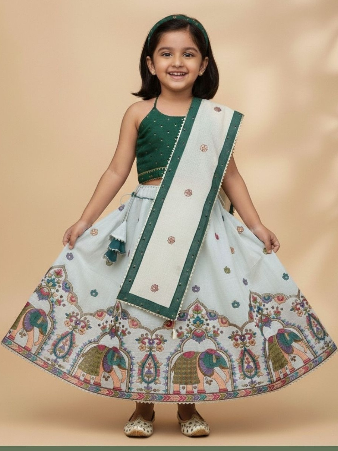 EARTHY TWEENS Girls Embroidered Semi-Stitched Pure Cotton Lehenga & Blouse With Dupatta