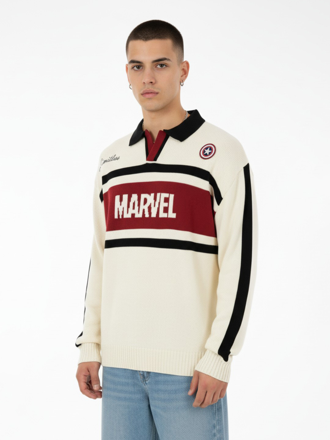 glitchez Typography Marvel Shirt Collar Drop-Shoulder Sleeves Oversized Sweaters