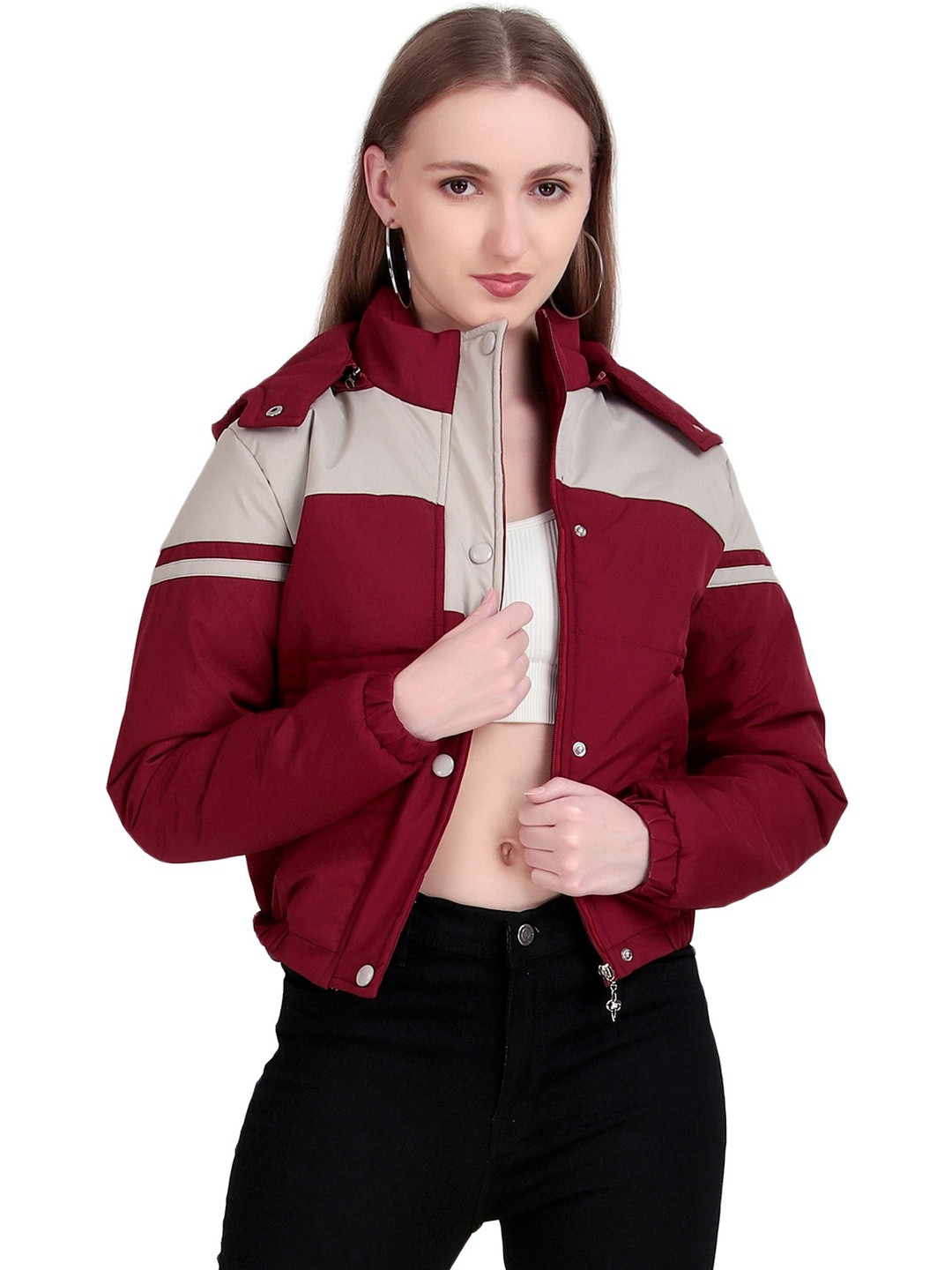 Brazo Women Colourblocked Water Resistant Crop Puffer Jacket with Patchwork