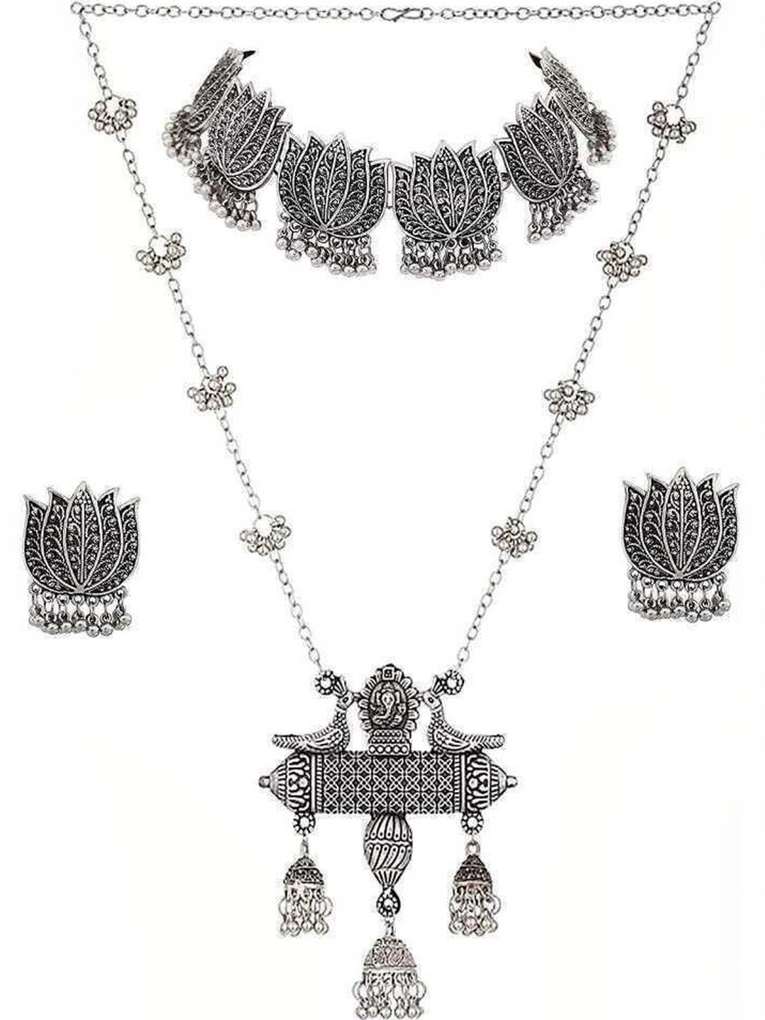 N S G Silver-Plated Lotus-Shaped Jewellery Set