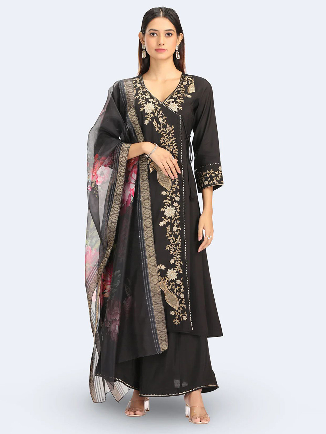 COTTON CULTURE Floral Embroidered V-Neck A-Line Kurtas And Dupatta Set
