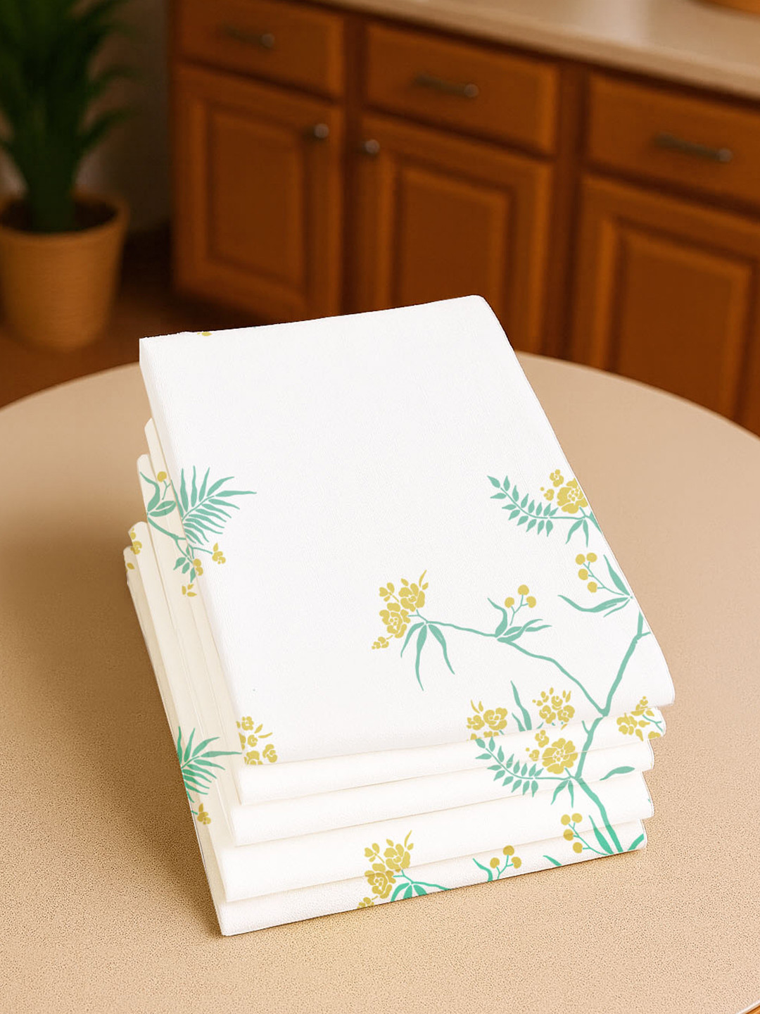 Attica Tracery White & Yellow 5 Pieces Pure Cotton Kitchen Towels