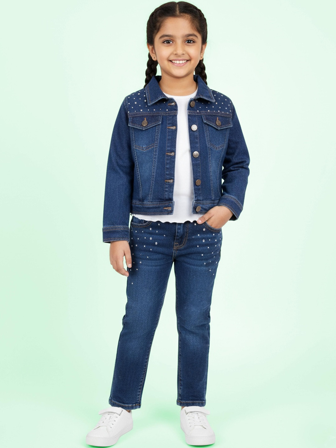 KiddoPanti Girls Crop Tee & Jacket With Jeans Set
