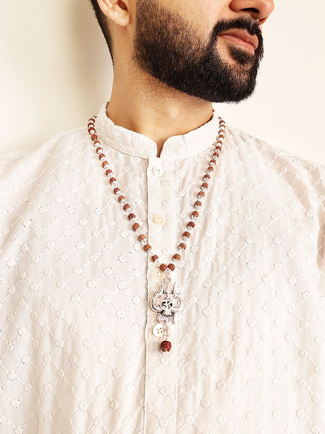 DIVINE HINDU Silver Plated OM Shiva Trishool Rudraksha Beaded Necklace