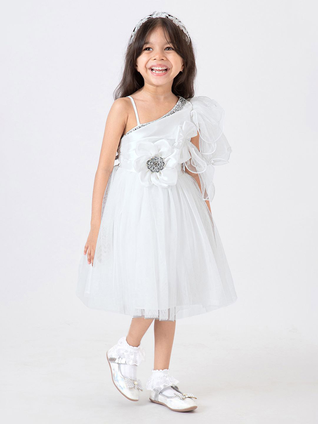 Hopscotch Girls Floral Applique One Shoulder Fit & Flare Dress