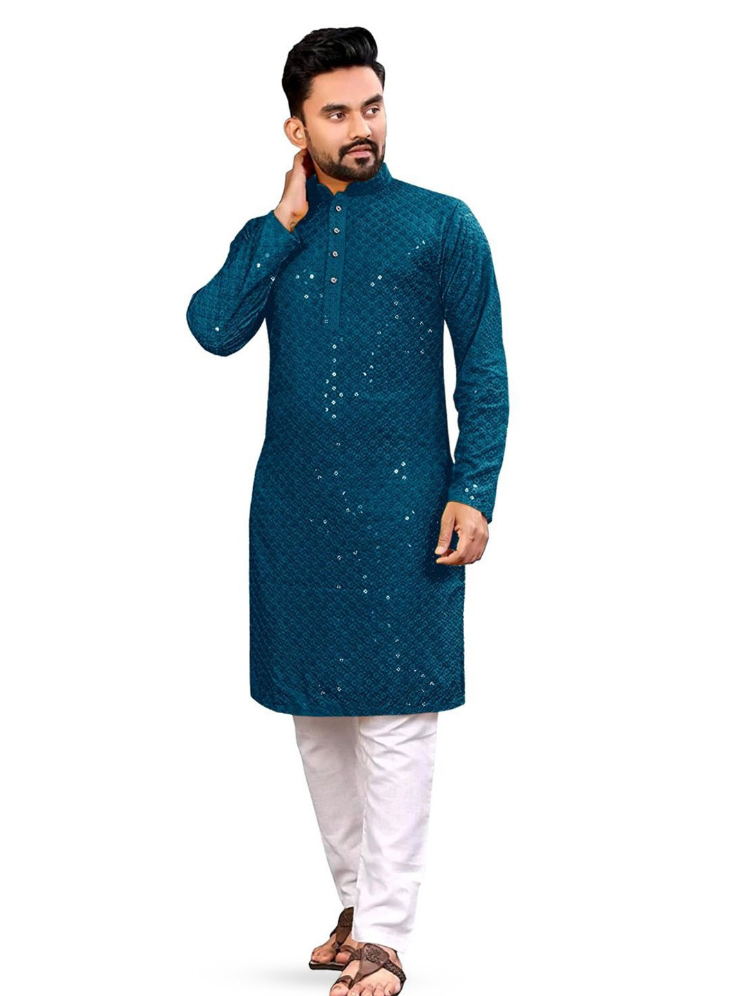 MONIMAYA Men Mirror Work Jacquard Kurta