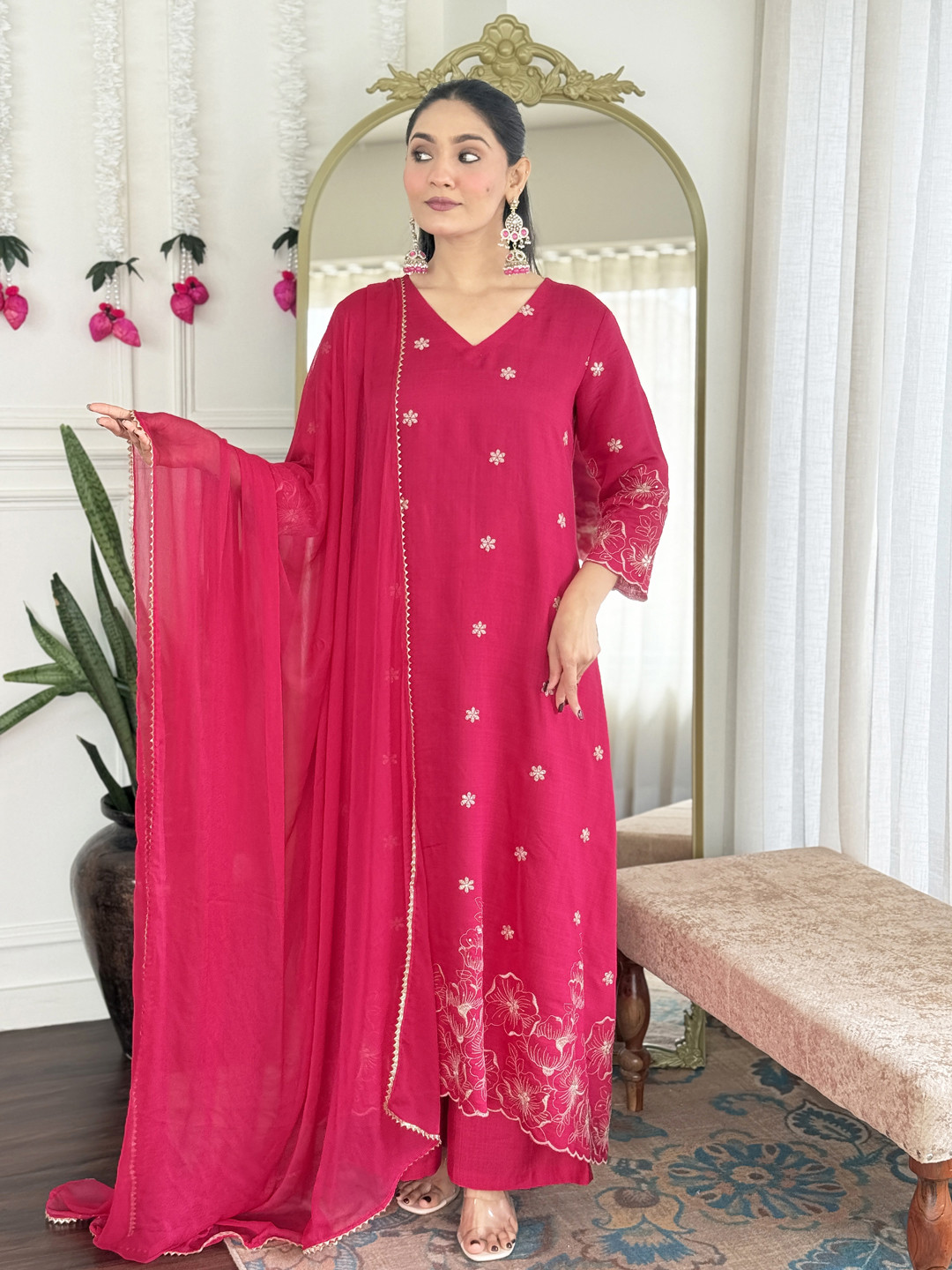 GoSriKi GFloral Embroidered Thread Work Kurta with Palazzos & Dupatta