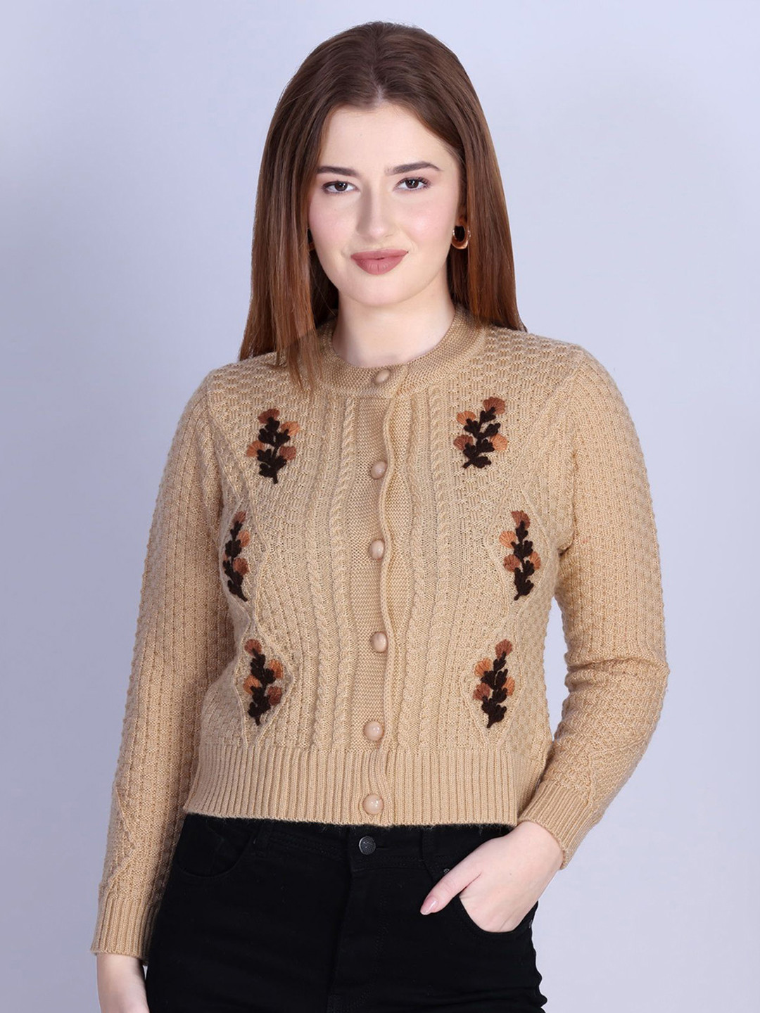 Winter Wonders Floral Embroidered Woollen Crop Cardigan with Embroidered Detail