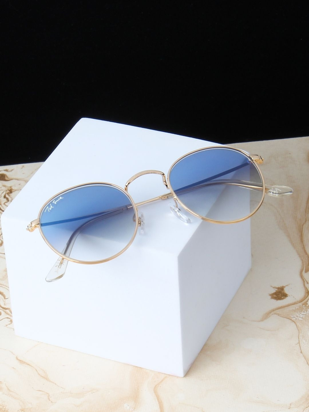 Ted Smith Unisex Round Gold-Blue Graded UV Protected Sunglasses With Glass Lenses